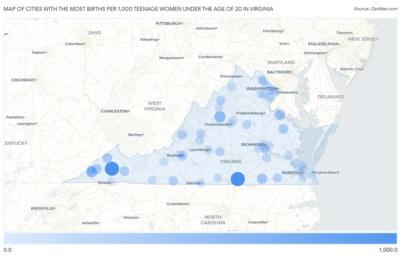 Cities with the Most Births per 1,000 Teenage Women Under the Age of 20 in Virginia Map