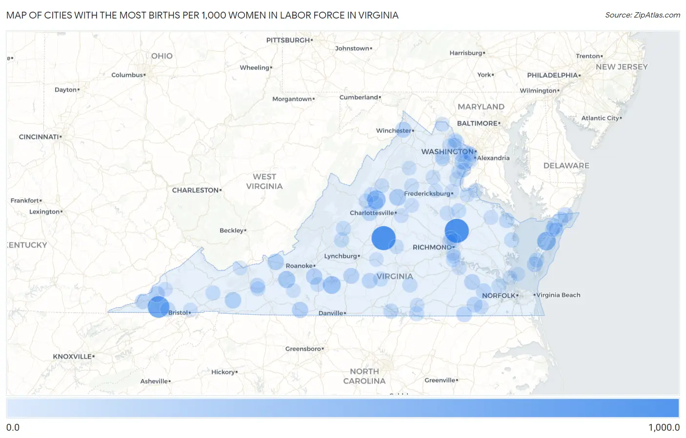 Cities with the Most Births per 1,000 Women in Labor Force in Virginia Map