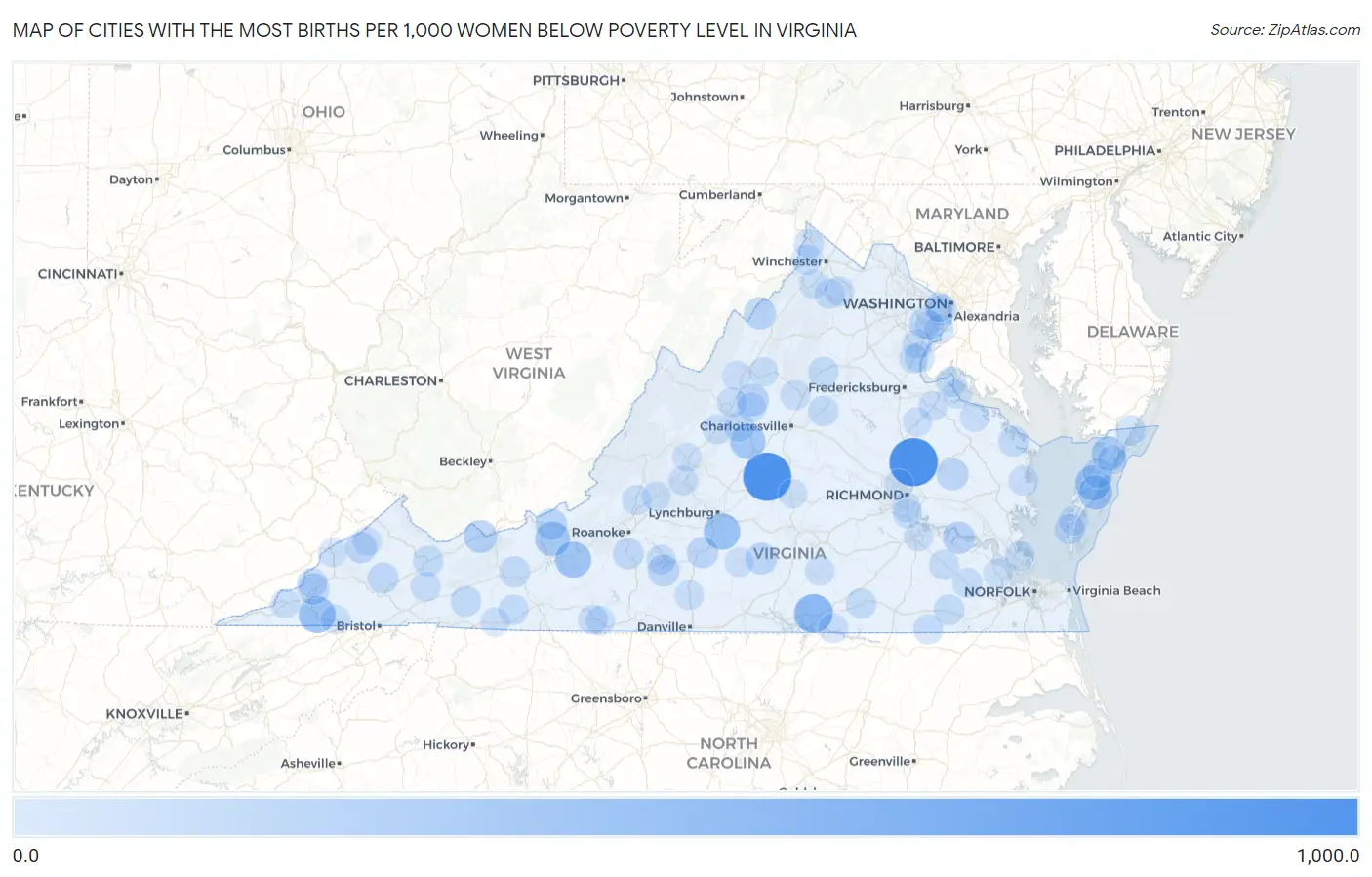 Cities with the Most Births per 1,000 Women Below Poverty Level in Virginia Map