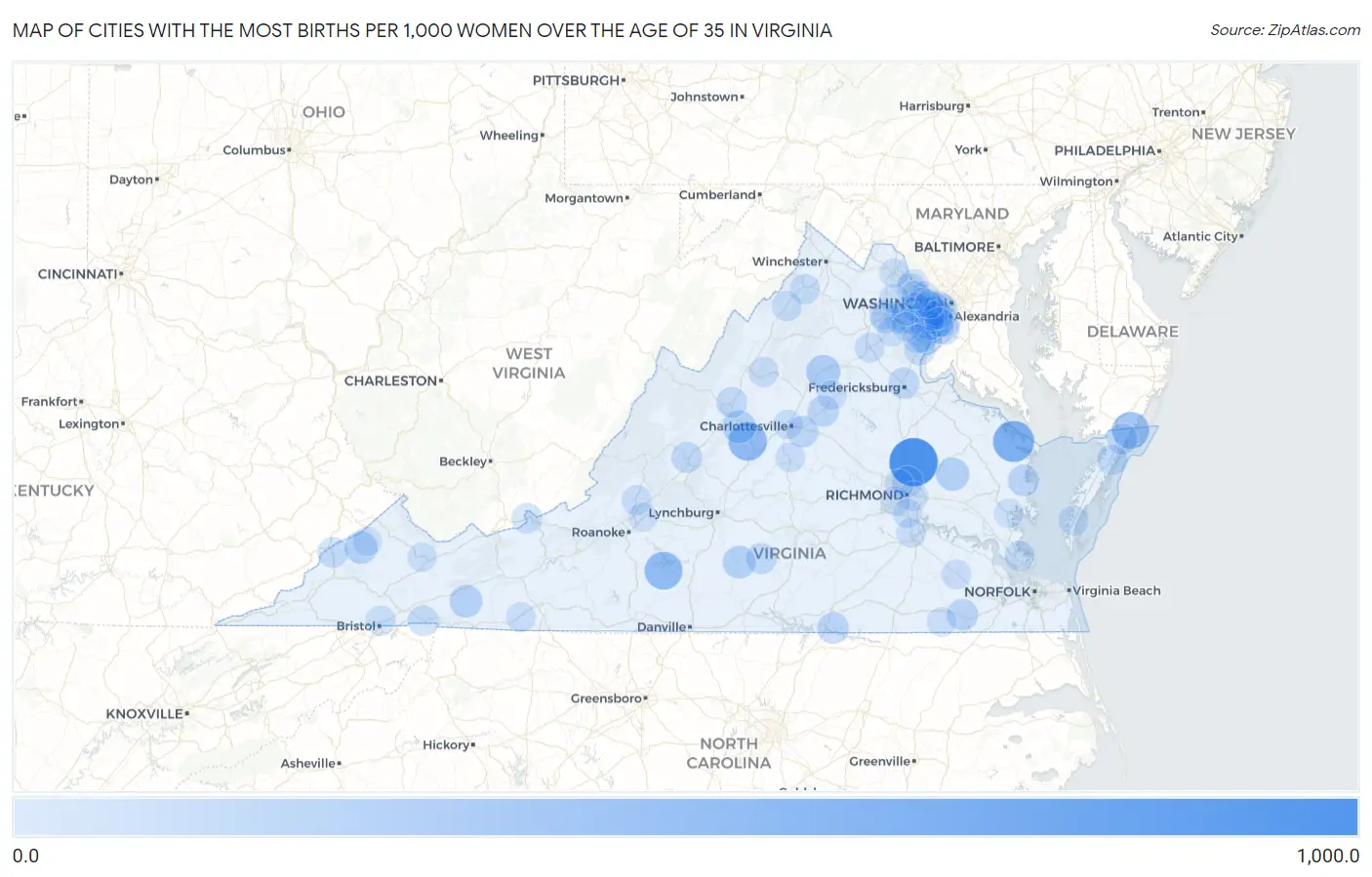 Cities with the Most Births per 1,000 Women Over the Age of 35 in Virginia Map