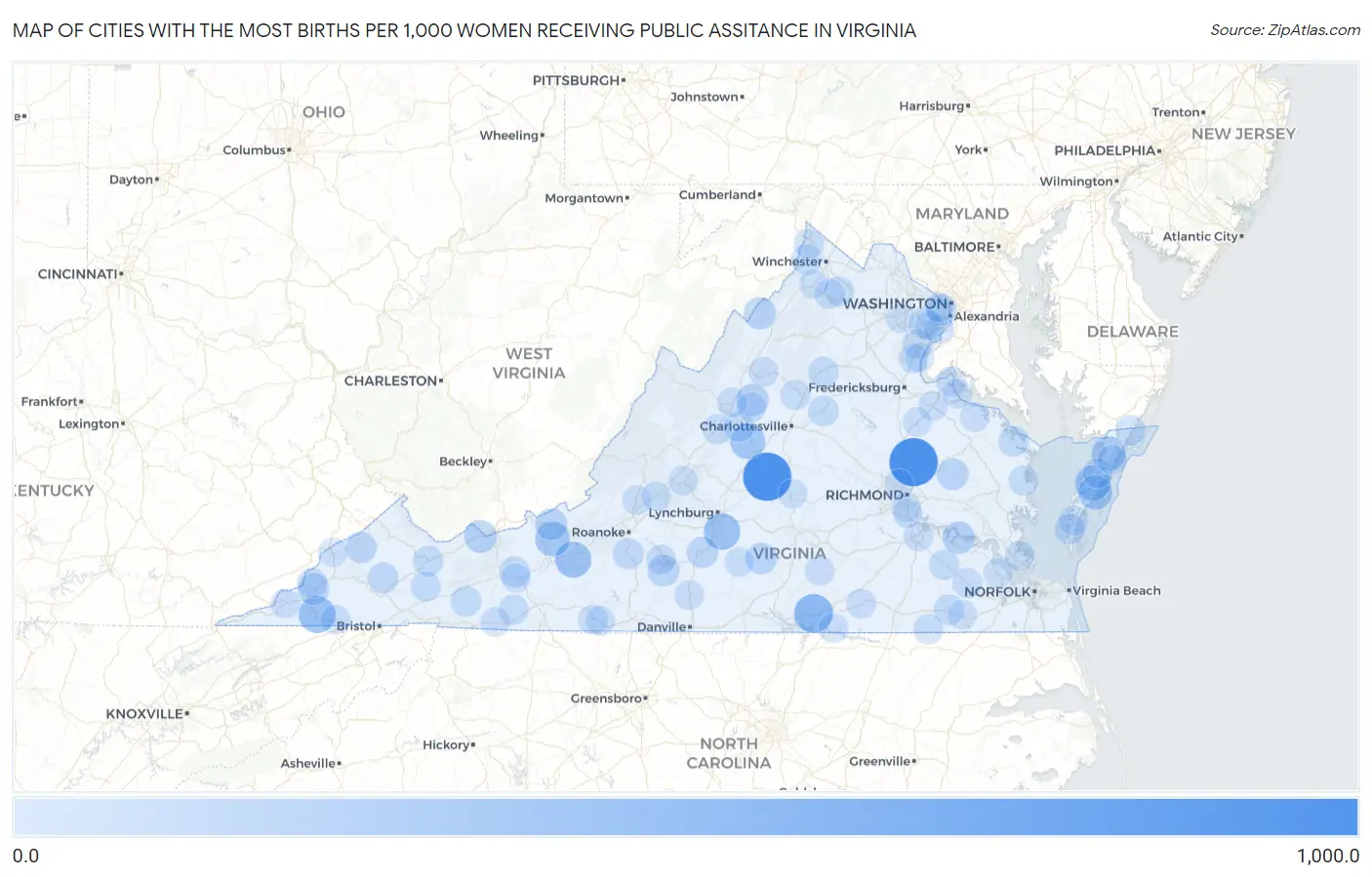 Cities with the Most Births per 1,000 Women Receiving Public Assitance in Virginia Map