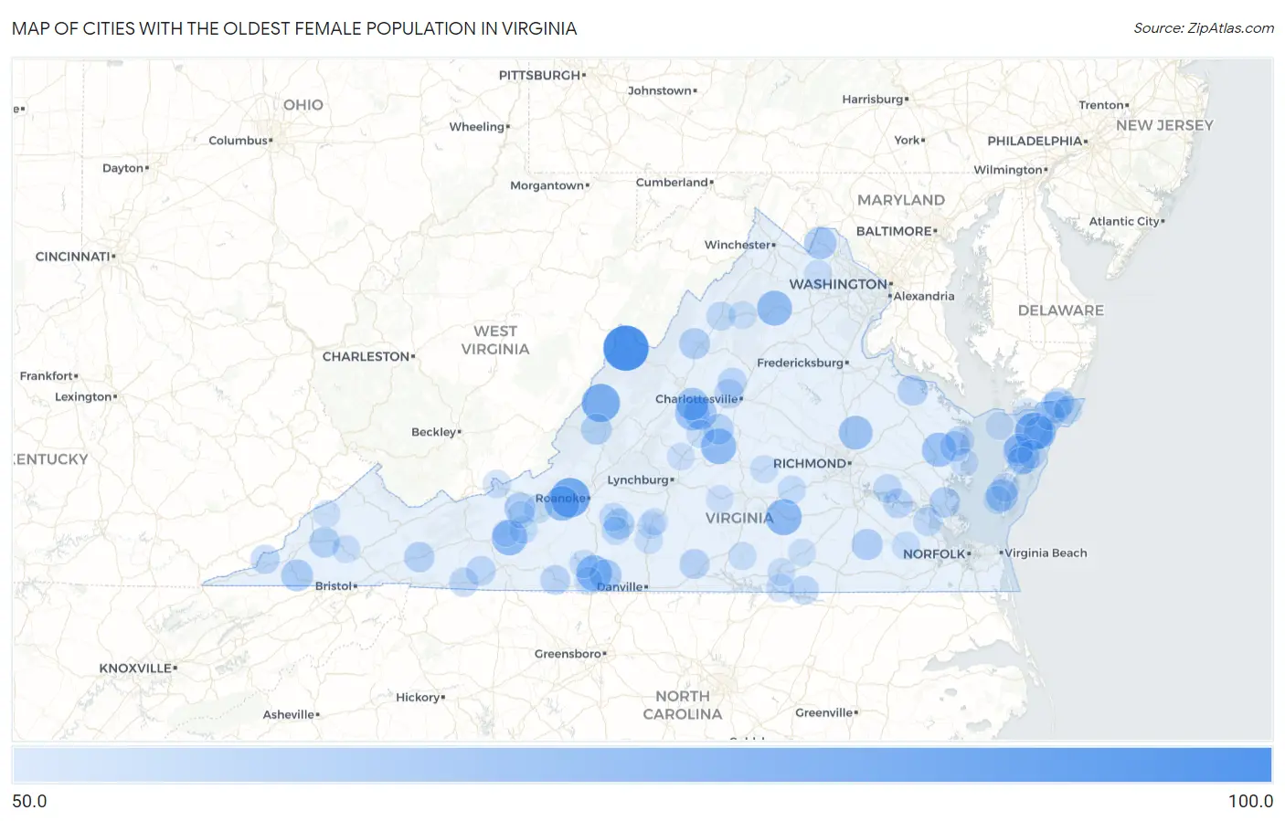 Cities with the Oldest Female Population in Virginia Map