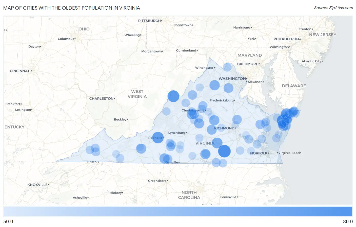 Cities with the Oldest Population in Virginia Map