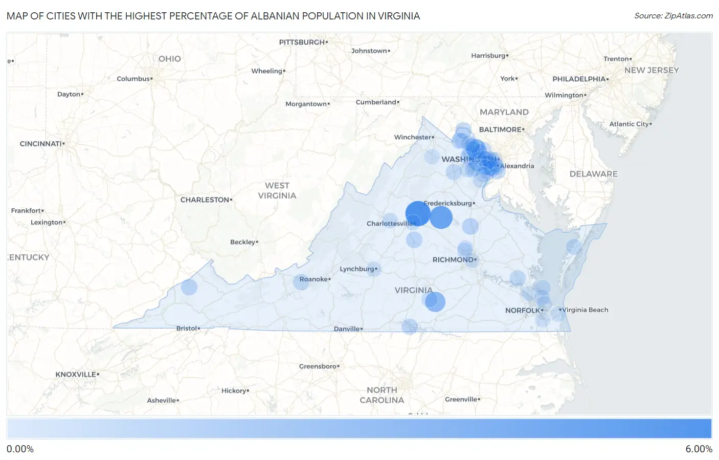 Cities with the Highest Percentage of Albanian Population in Virginia Map