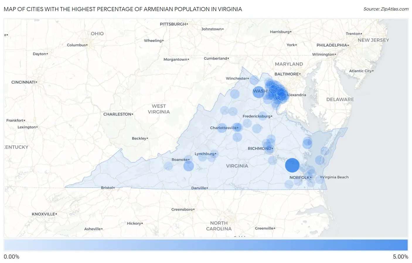 Cities with the Highest Percentage of Armenian Population in Virginia Map