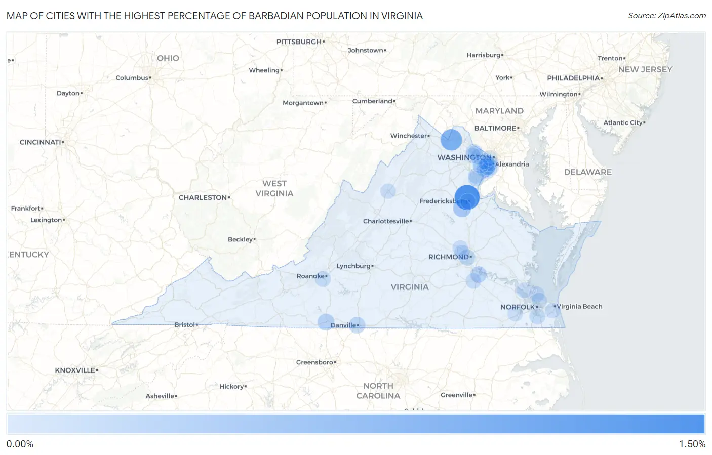 Cities with the Highest Percentage of Barbadian Population in Virginia Map