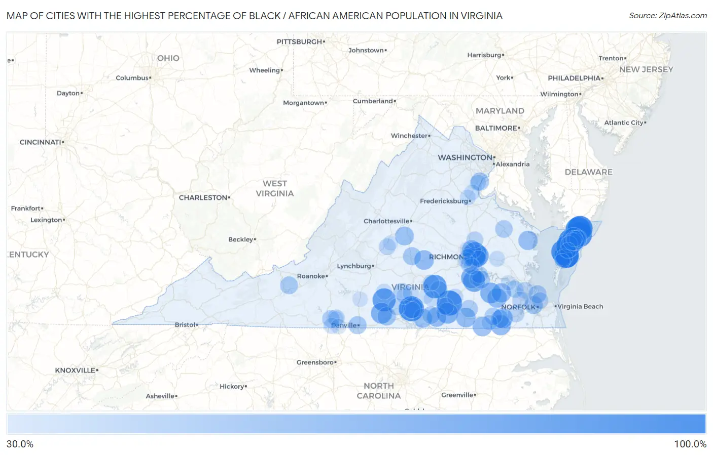 Cities with the Highest Percentage of Black / African American Population in Virginia Map