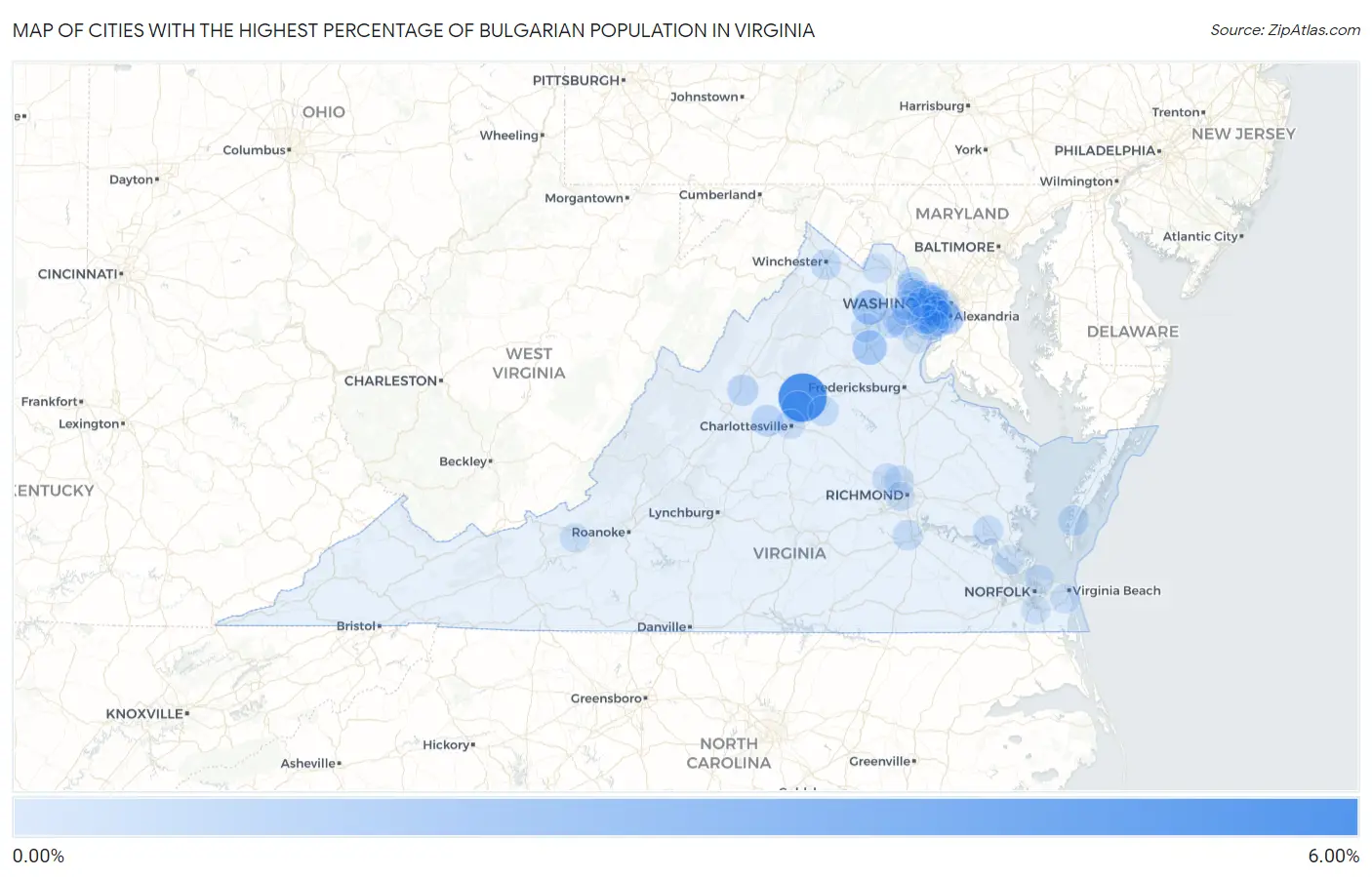 Cities with the Highest Percentage of Bulgarian Population in Virginia Map