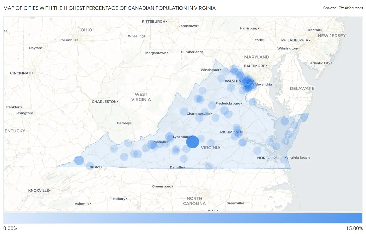 Cities with the Highest Percentage of Canadian Population in Virginia Map