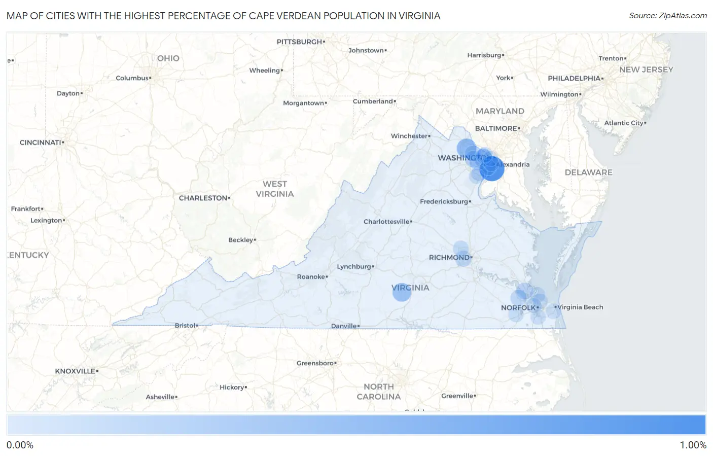 Cities with the Highest Percentage of Cape Verdean Population in Virginia Map