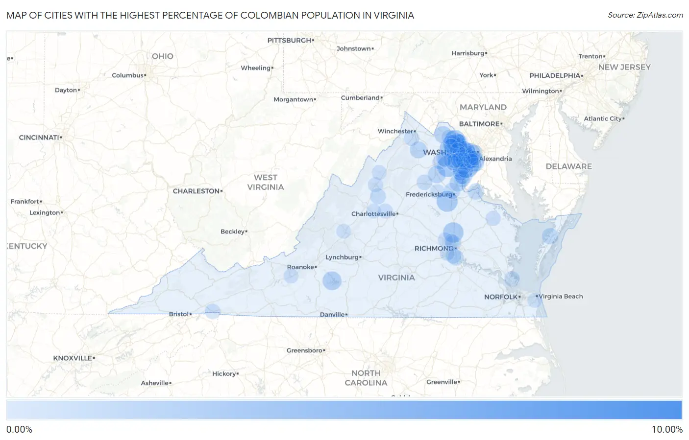 Cities with the Highest Percentage of Colombian Population in Virginia Map