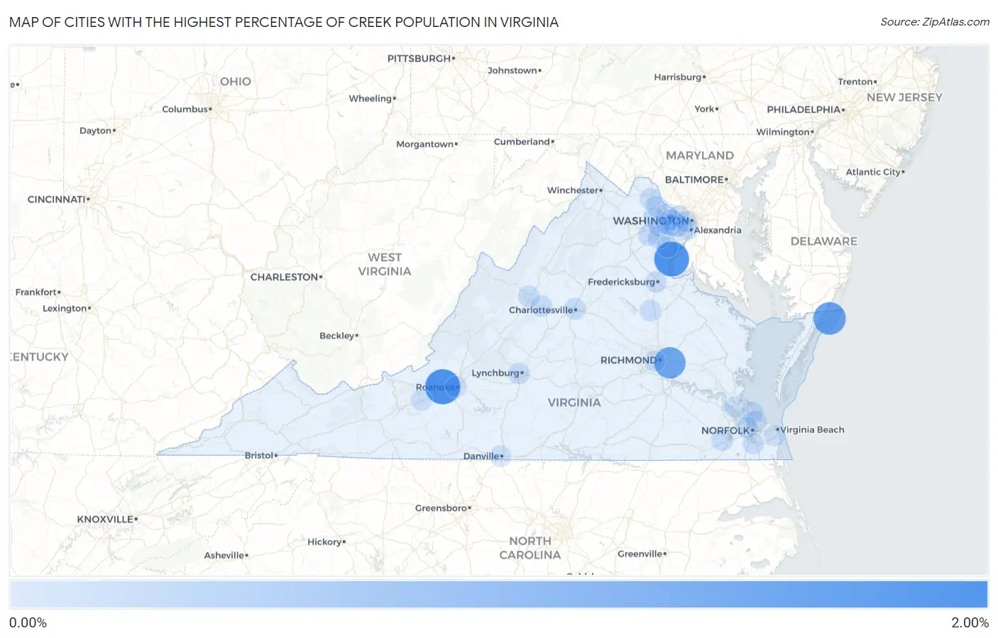Cities with the Highest Percentage of Creek Population in Virginia Map