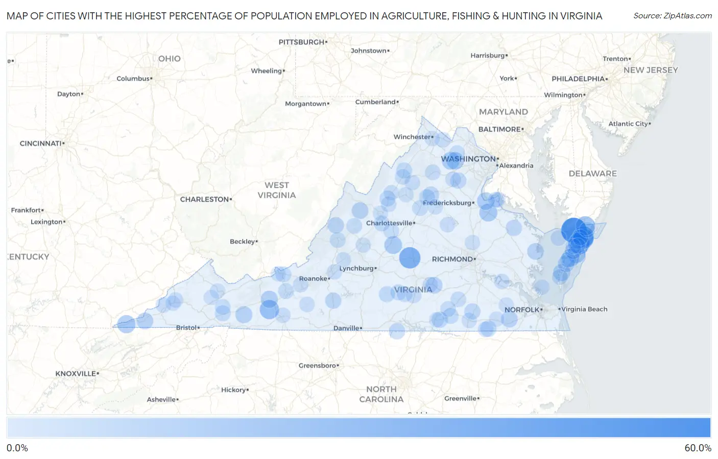 Cities with the Highest Percentage of Population Employed in Agriculture, Fishing & Hunting in Virginia Map