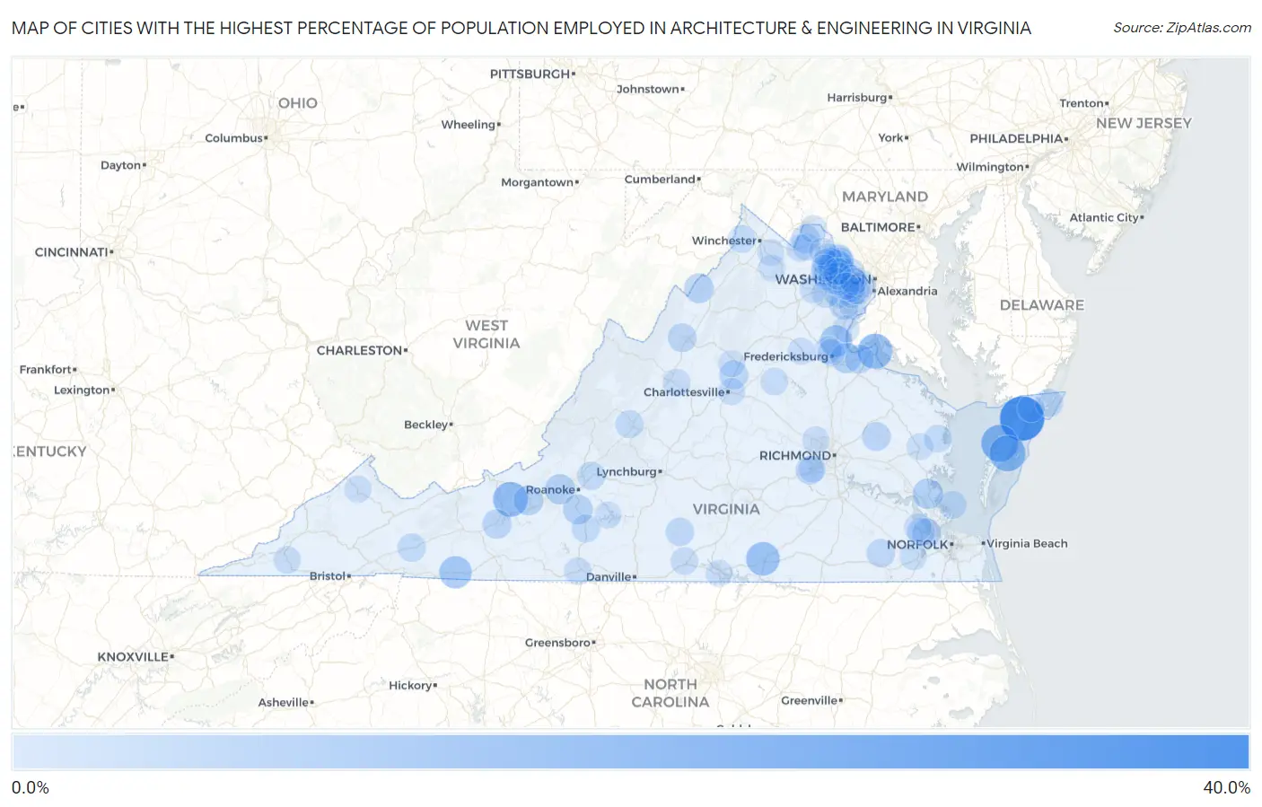 Cities with the Highest Percentage of Population Employed in Architecture & Engineering in Virginia Map
