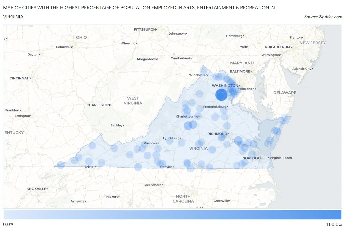 Cities with the Highest Percentage of Population Employed in Arts, Entertainment & Recreation in Virginia Map