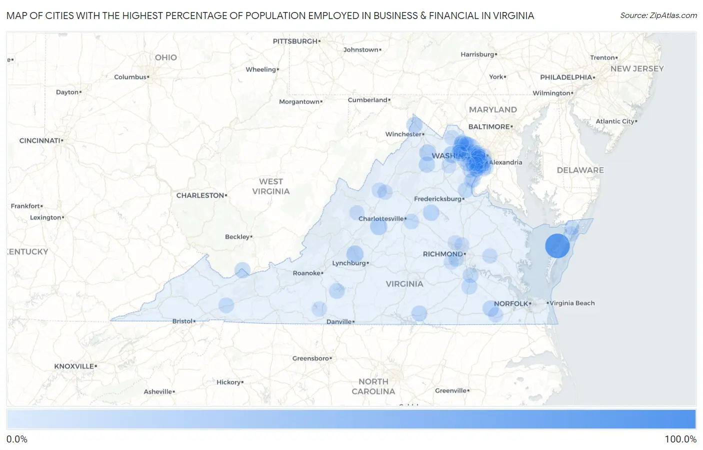 Cities with the Highest Percentage of Population Employed in Business & Financial in Virginia Map