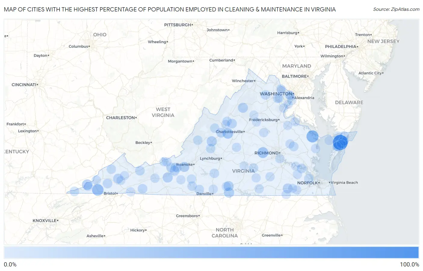 Cities with the Highest Percentage of Population Employed in Cleaning & Maintenance in Virginia Map