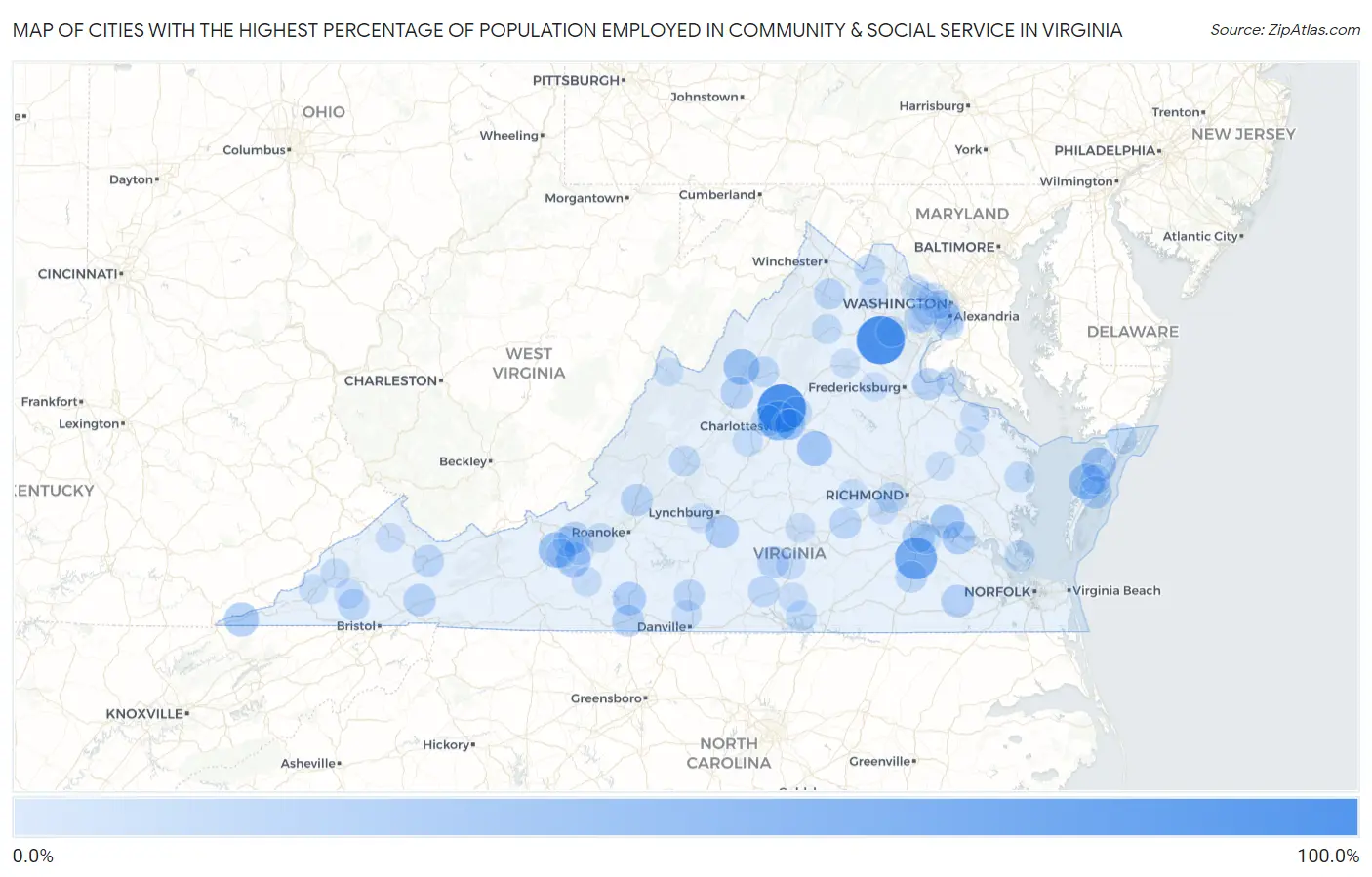 Cities with the Highest Percentage of Population Employed in Community & Social Service  in Virginia Map