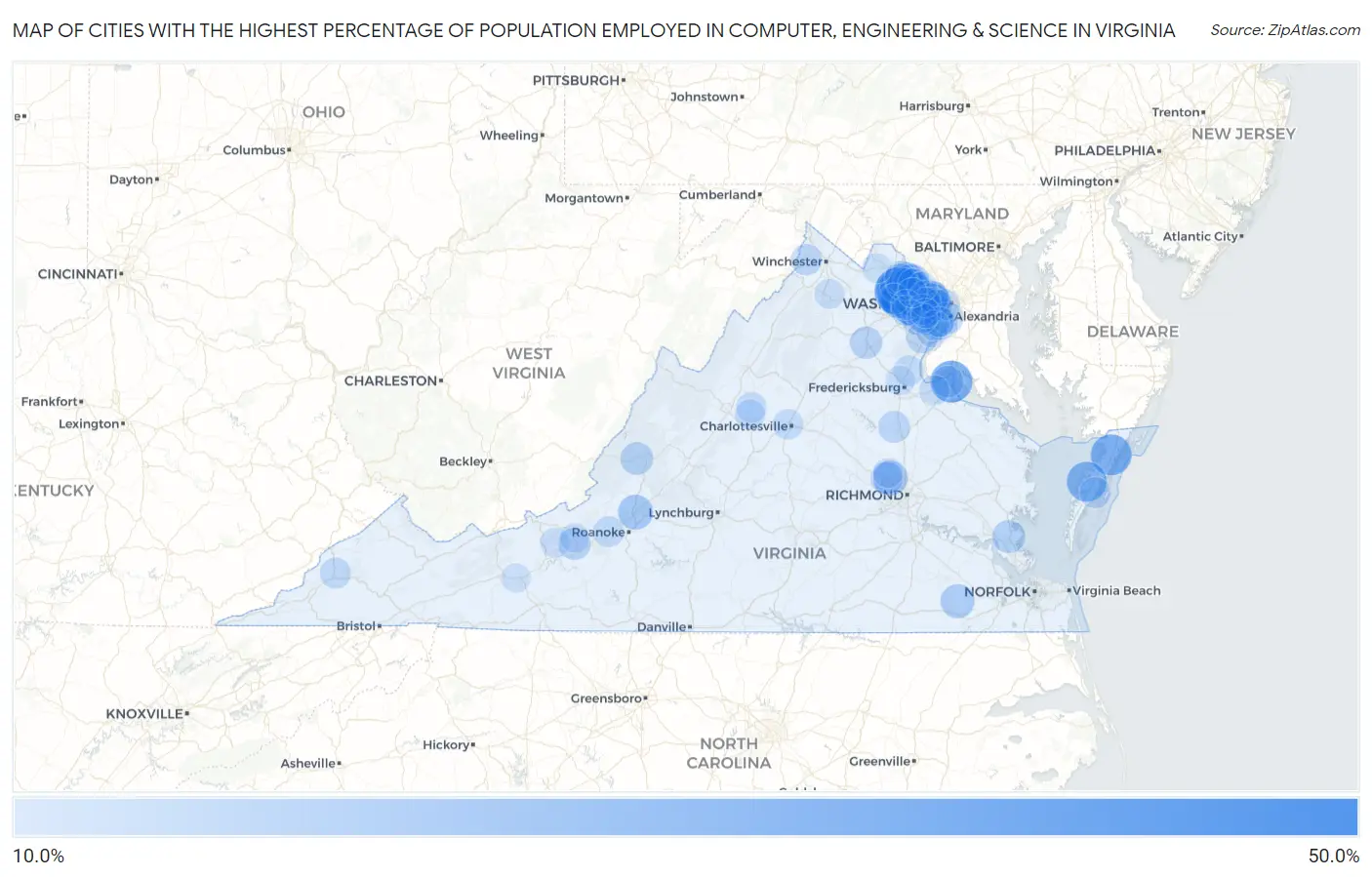 Cities with the Highest Percentage of Population Employed in Computer, Engineering & Science in Virginia Map