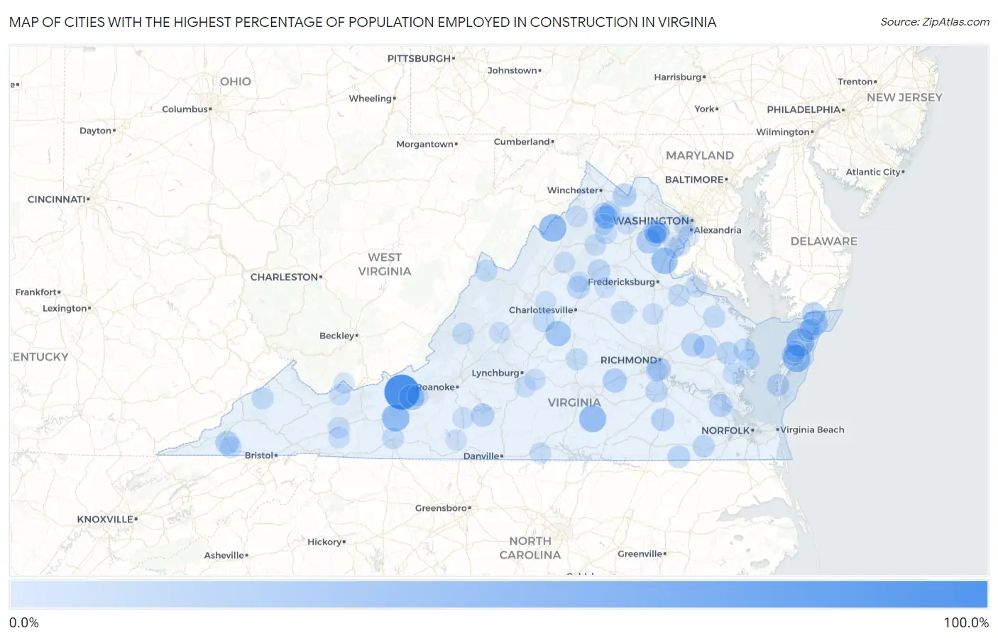 Cities with the Highest Percentage of Population Employed in Construction in Virginia Map