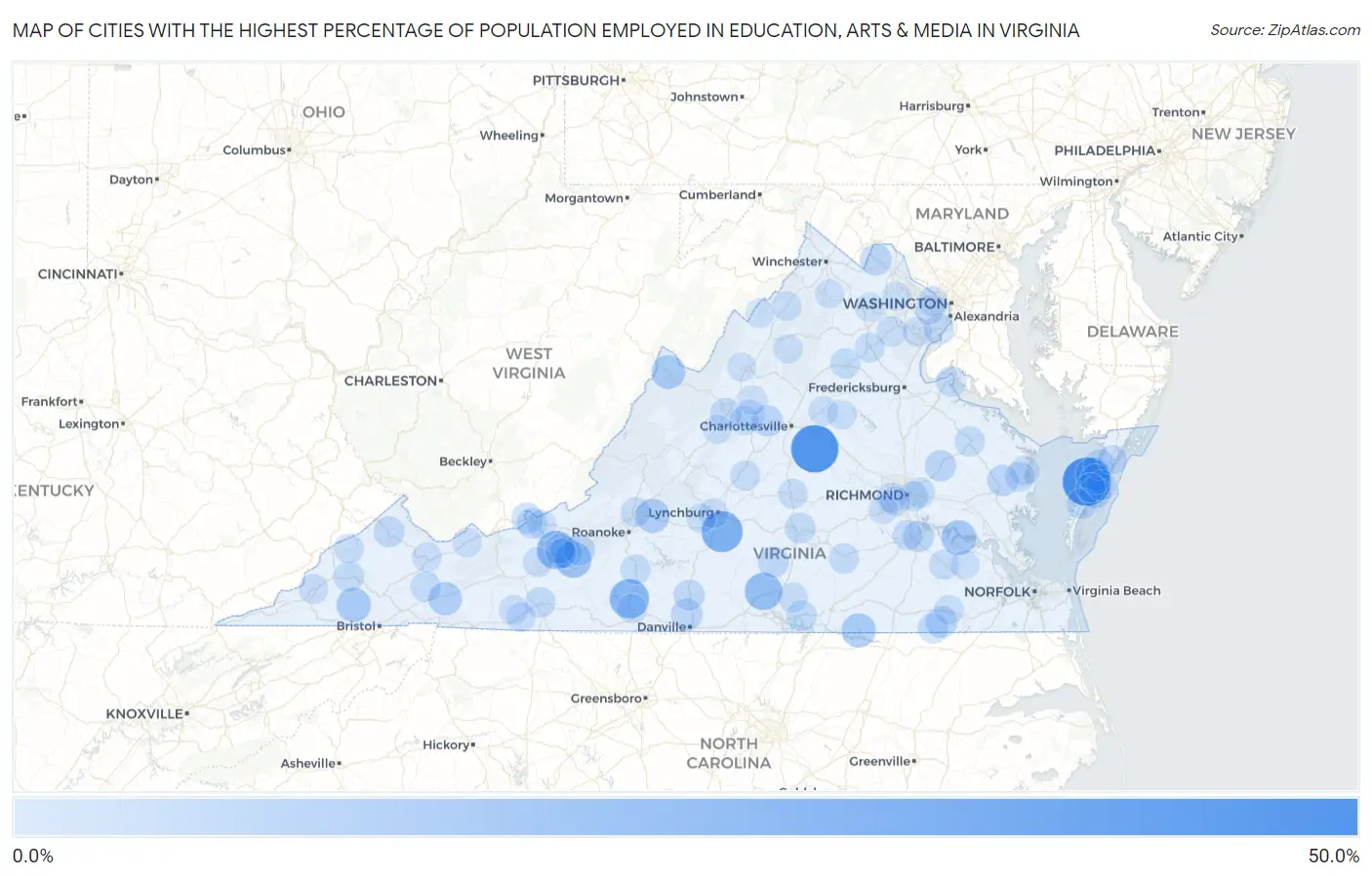Cities with the Highest Percentage of Population Employed in Education, Arts & Media in Virginia Map