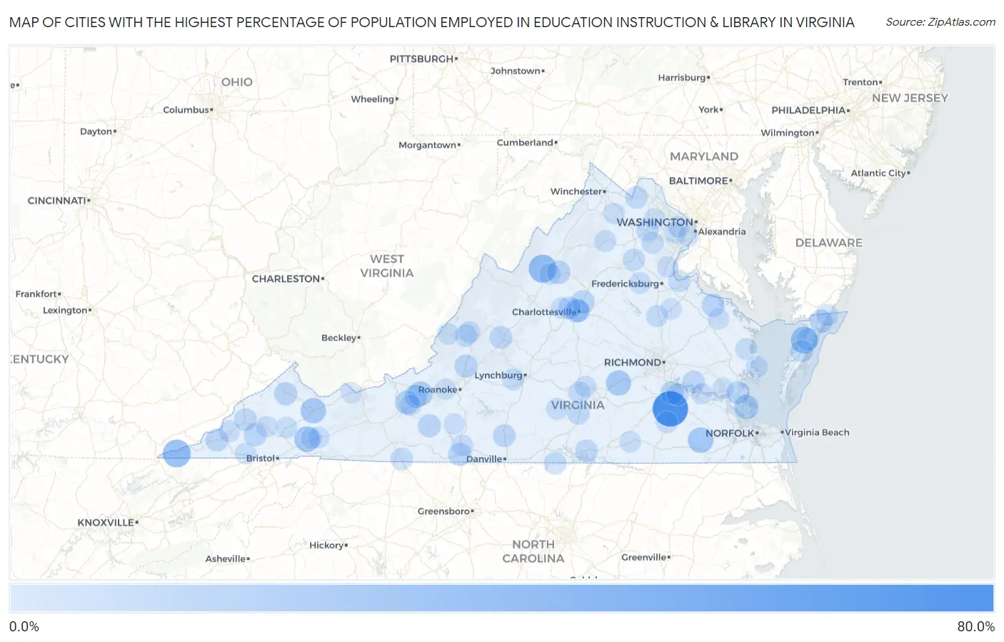 Cities with the Highest Percentage of Population Employed in Education Instruction & Library in Virginia Map