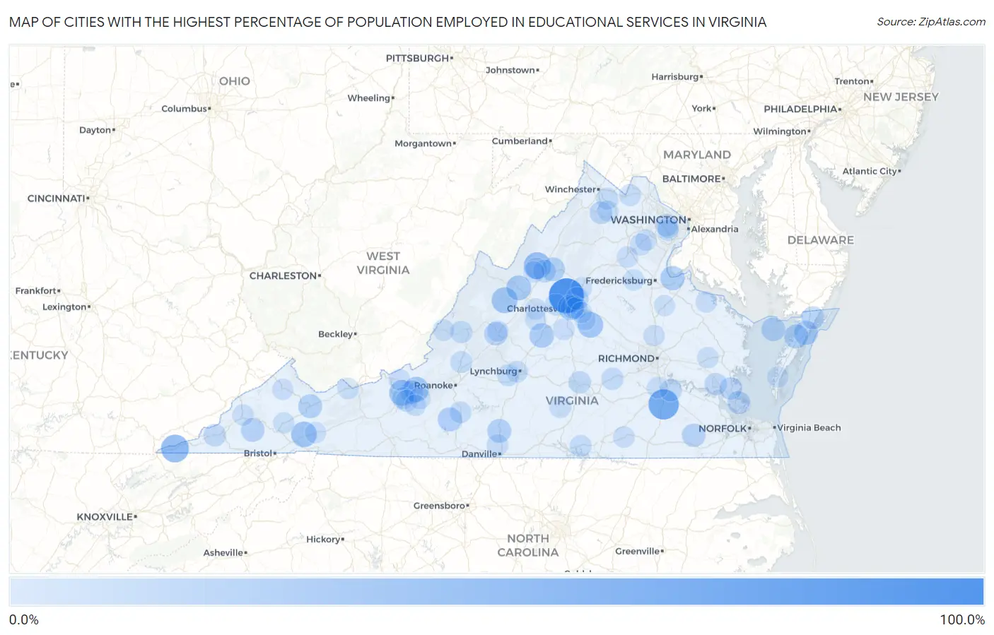 Cities with the Highest Percentage of Population Employed in Educational Services in Virginia Map