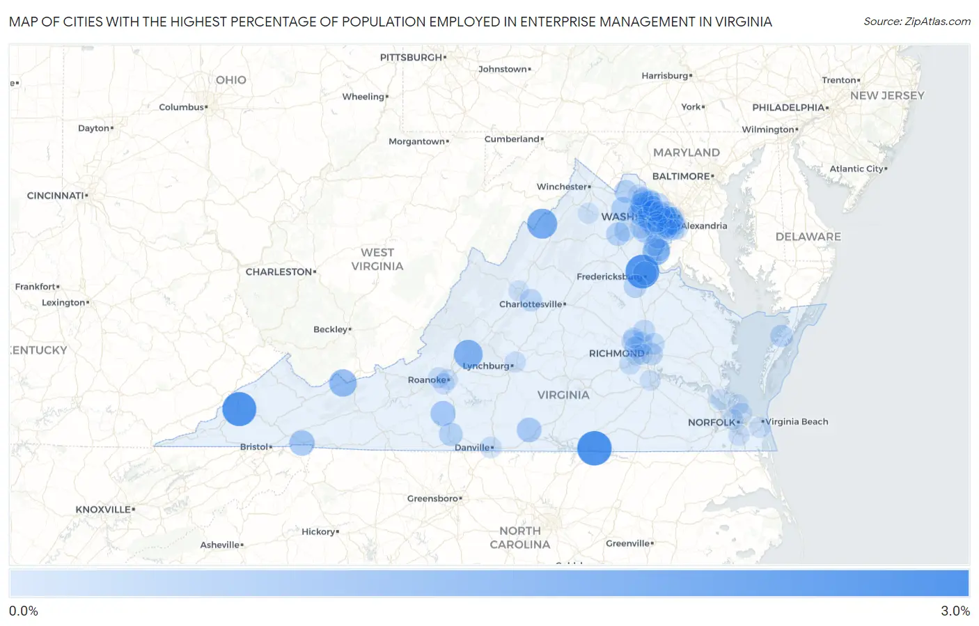 Cities with the Highest Percentage of Population Employed in Enterprise Management in Virginia Map