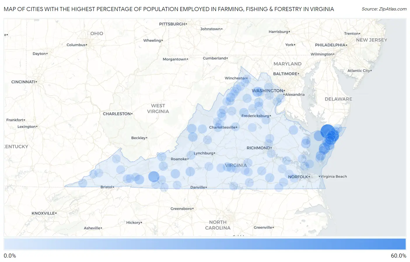 Cities with the Highest Percentage of Population Employed in Farming, Fishing & Forestry in Virginia Map