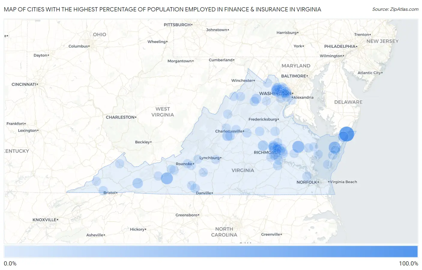Cities with the Highest Percentage of Population Employed in Finance & Insurance in Virginia Map