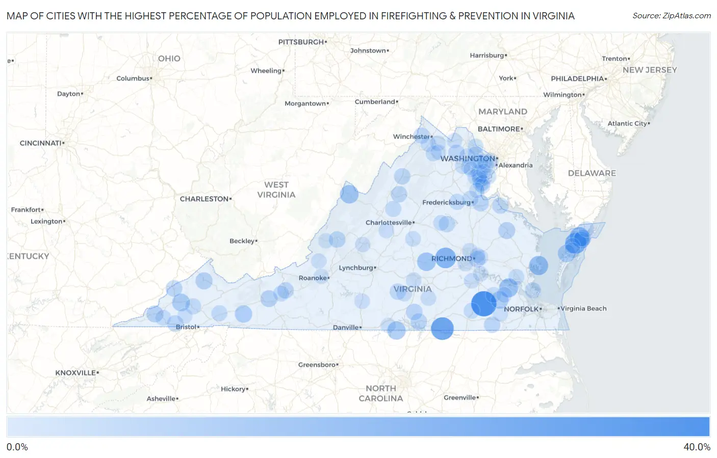 Cities with the Highest Percentage of Population Employed in Firefighting & Prevention in Virginia Map