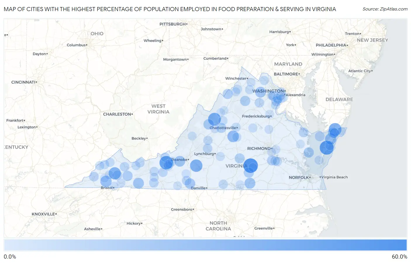 Cities with the Highest Percentage of Population Employed in Food Preparation & Serving in Virginia Map