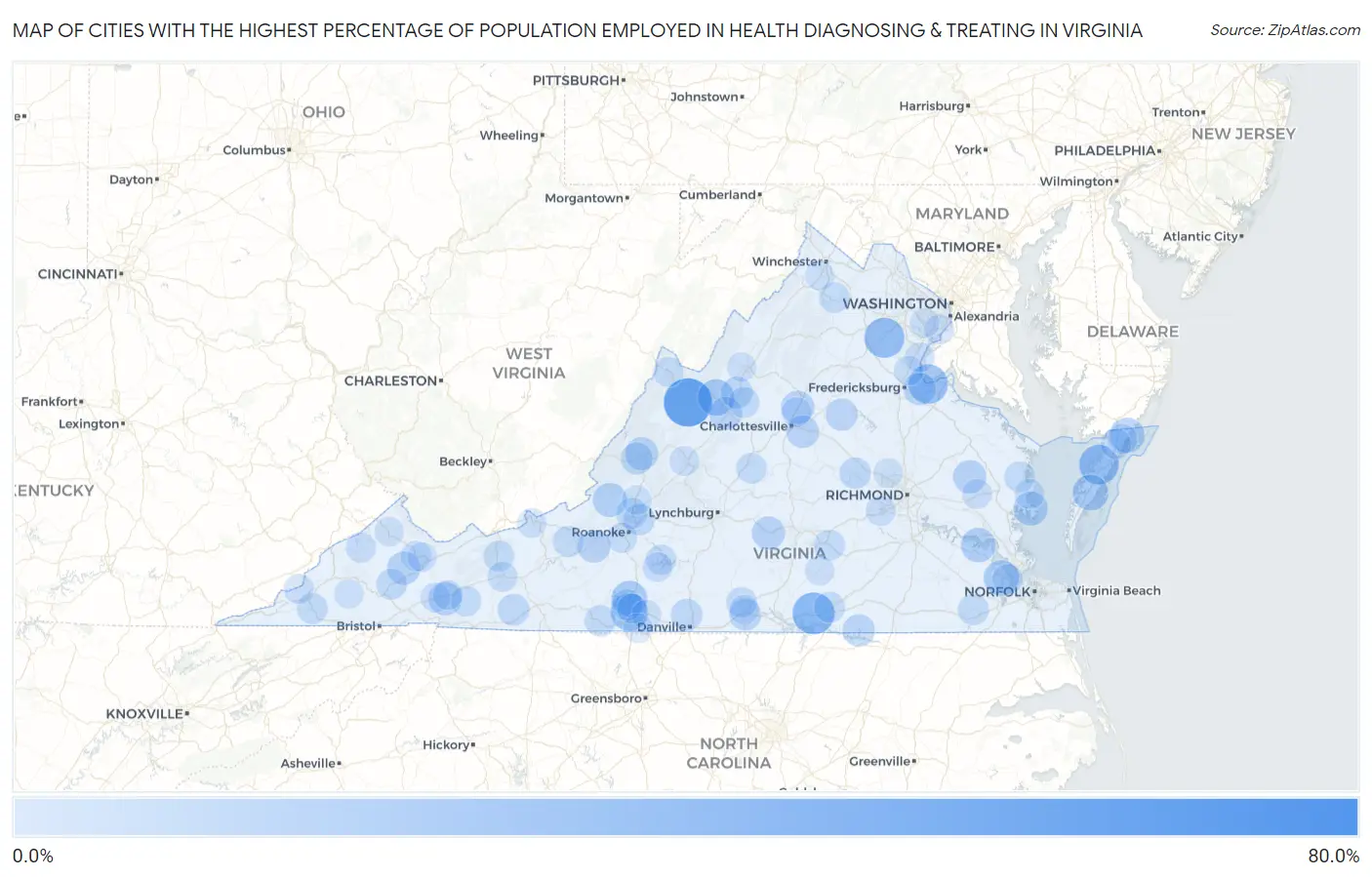 Cities with the Highest Percentage of Population Employed in Health Diagnosing & Treating in Virginia Map