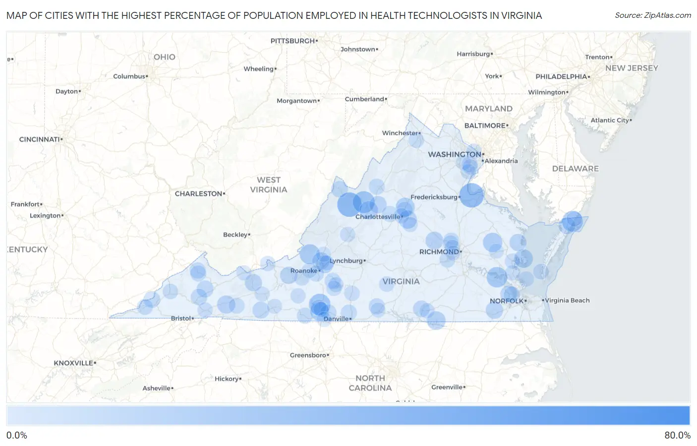 Cities with the Highest Percentage of Population Employed in Health Technologists in Virginia Map