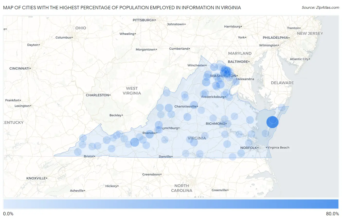 Cities with the Highest Percentage of Population Employed in Information in Virginia Map