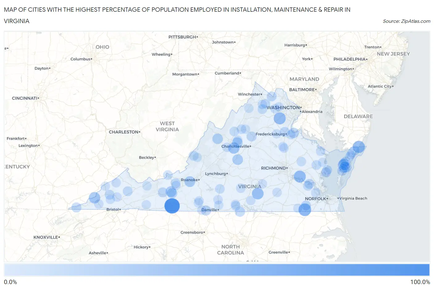 Cities with the Highest Percentage of Population Employed in Installation, Maintenance & Repair in Virginia Map