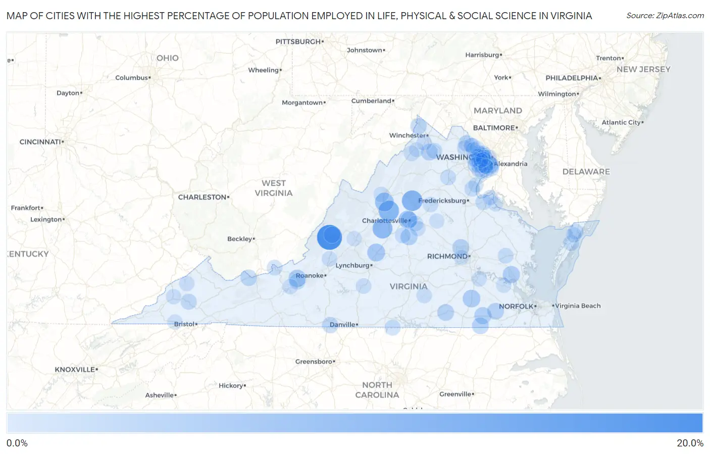 Cities with the Highest Percentage of Population Employed in Life, Physical & Social Science in Virginia Map