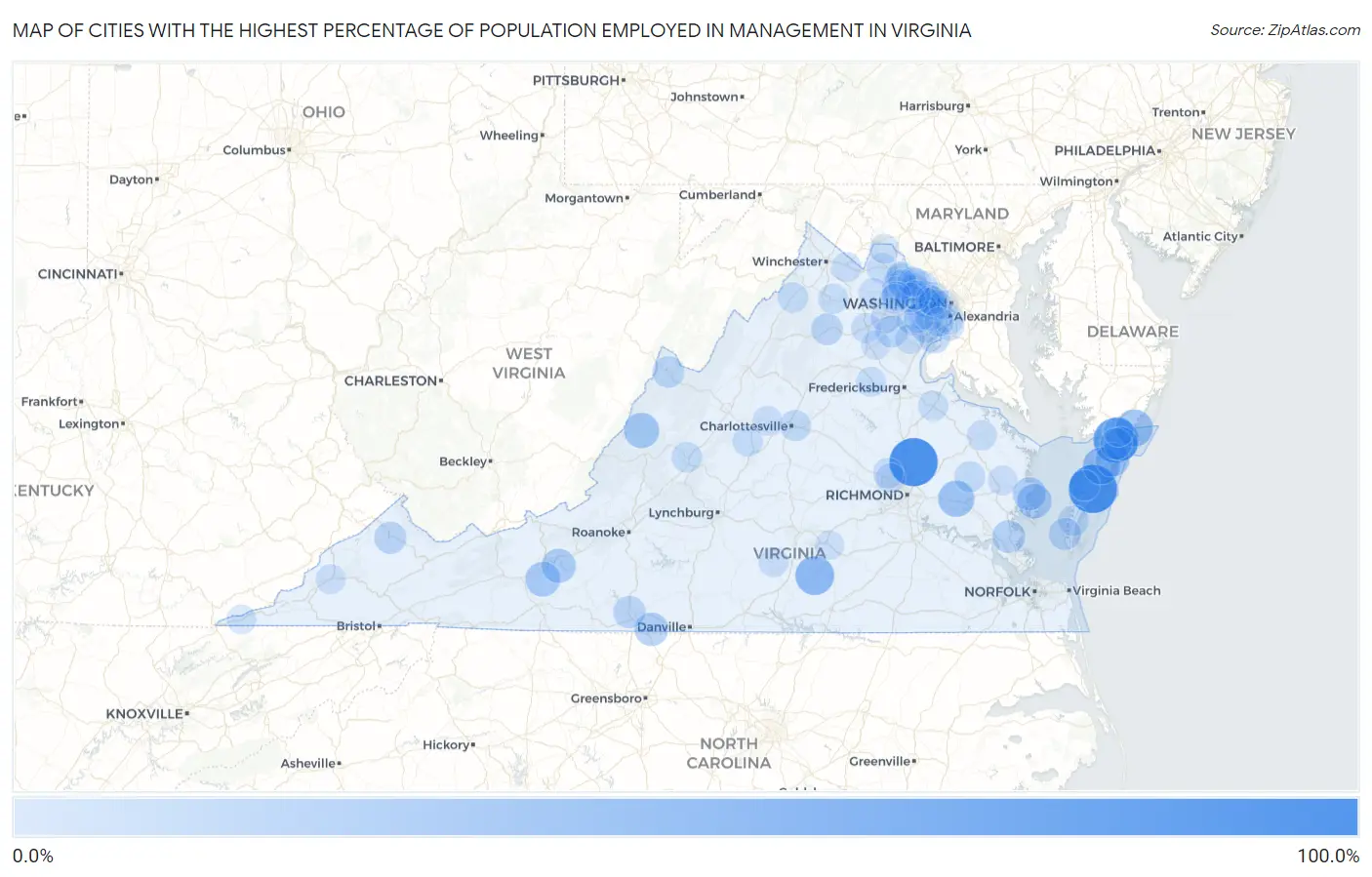 Cities with the Highest Percentage of Population Employed in Management in Virginia Map