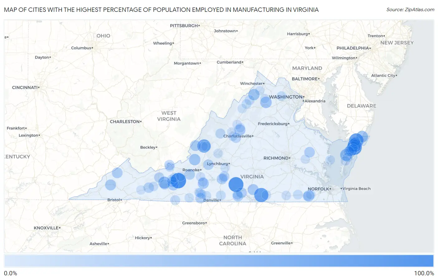 Cities with the Highest Percentage of Population Employed in Manufacturing in Virginia Map