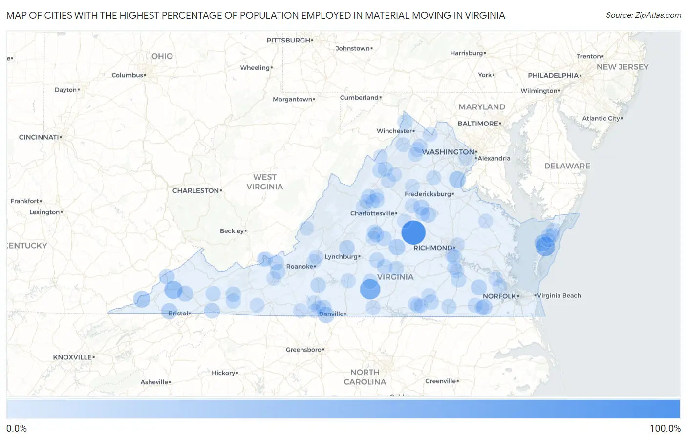 Cities with the Highest Percentage of Population Employed in Material Moving in Virginia Map