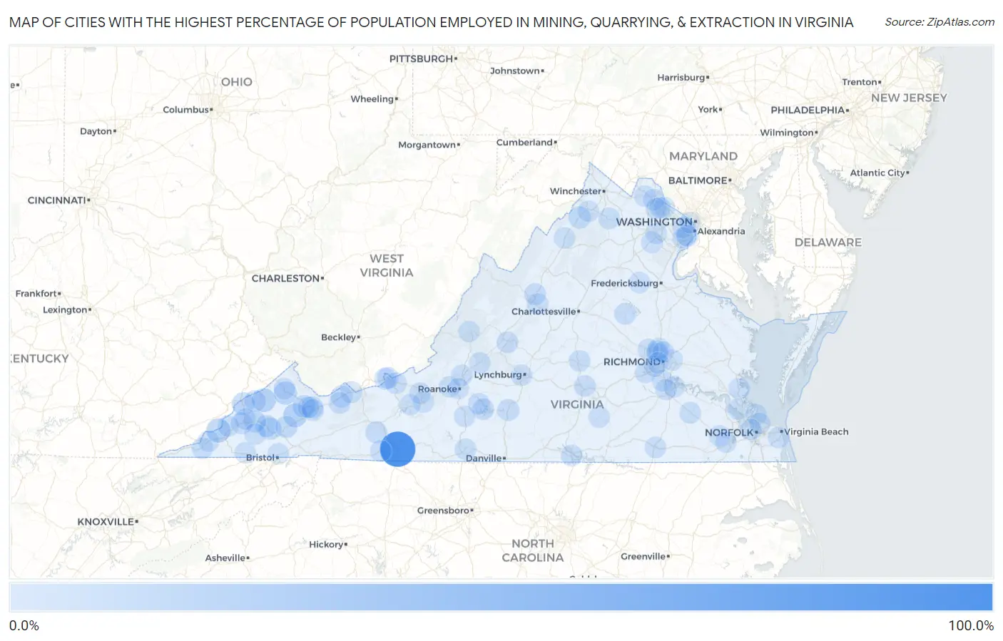 Cities with the Highest Percentage of Population Employed in Mining, Quarrying, & Extraction in Virginia Map
