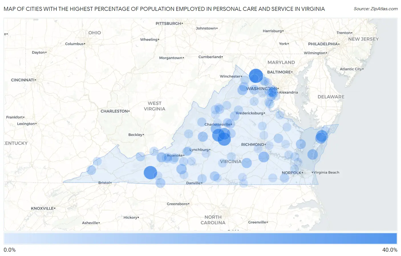 Cities with the Highest Percentage of Population Employed in Personal Care and Service in Virginia Map