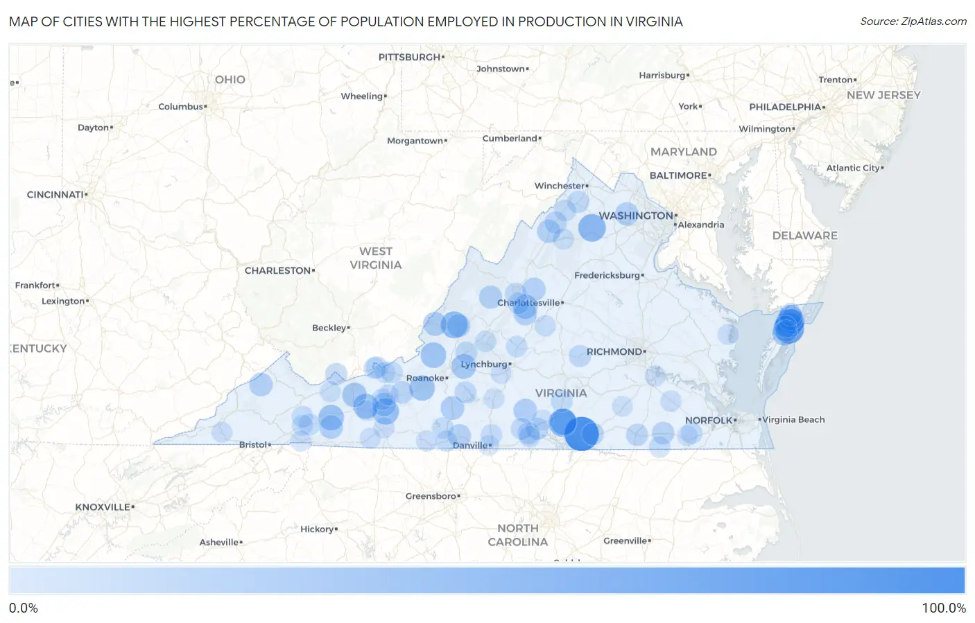 Cities with the Highest Percentage of Population Employed in Production in Virginia Map