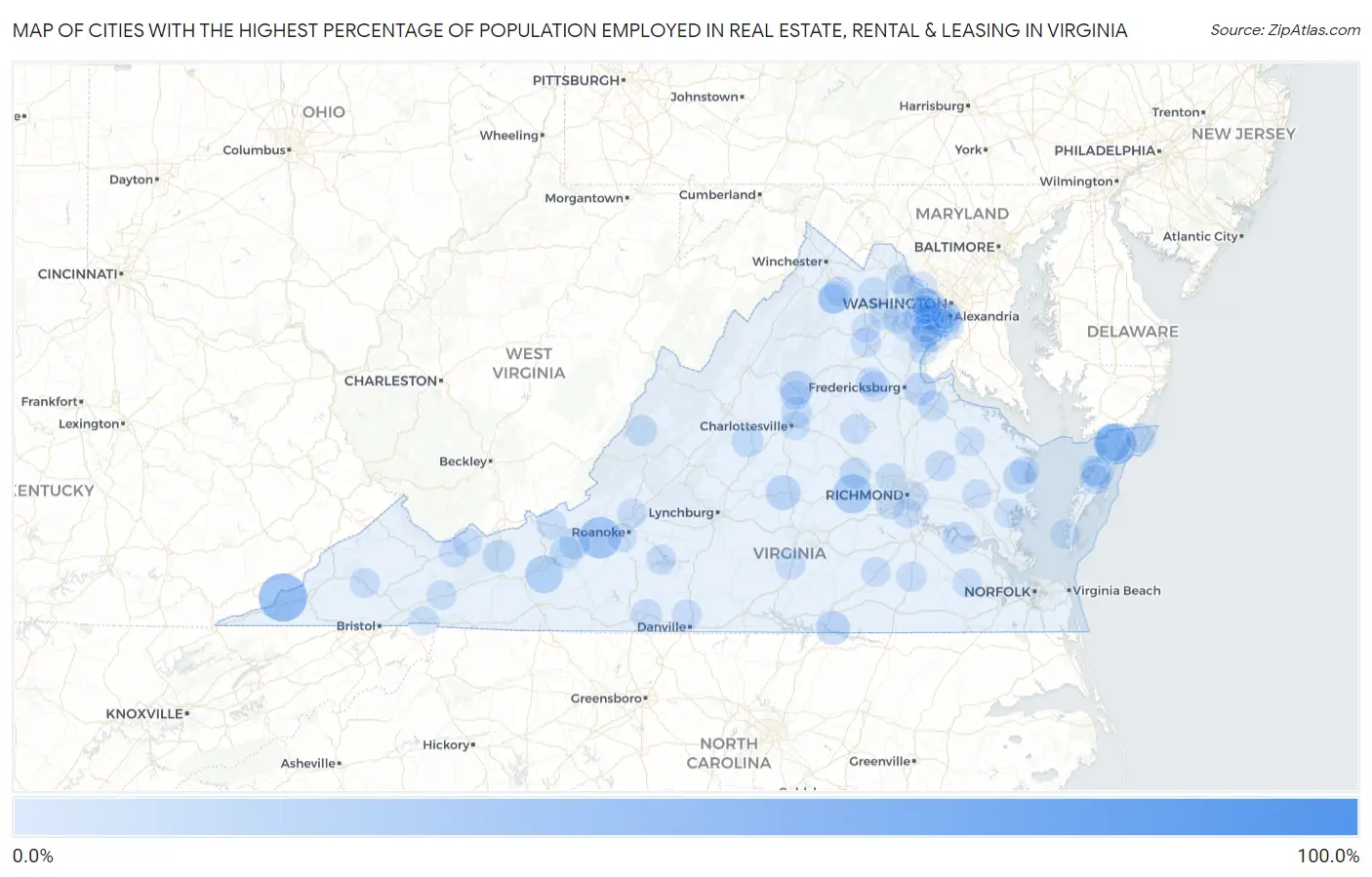 Cities with the Highest Percentage of Population Employed in Real Estate, Rental & Leasing in Virginia Map
