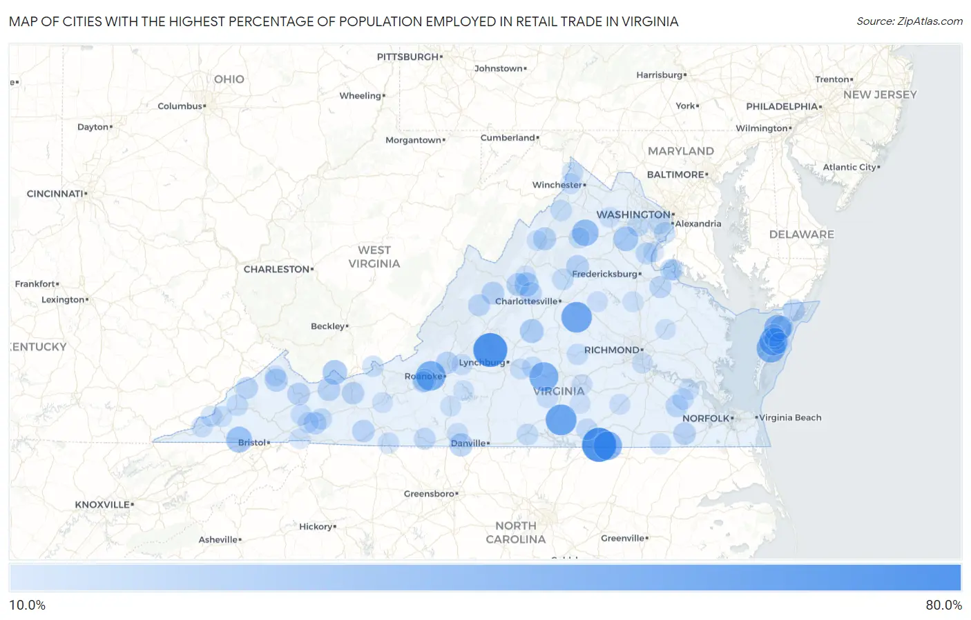 Cities with the Highest Percentage of Population Employed in Retail Trade in Virginia Map