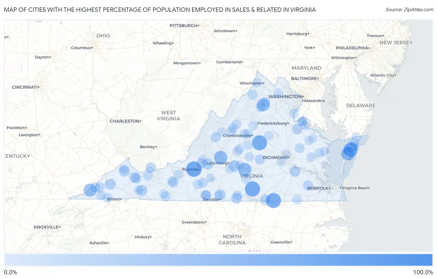 Cities with the Highest Percentage of Population Employed in Sales & Related in Virginia Map