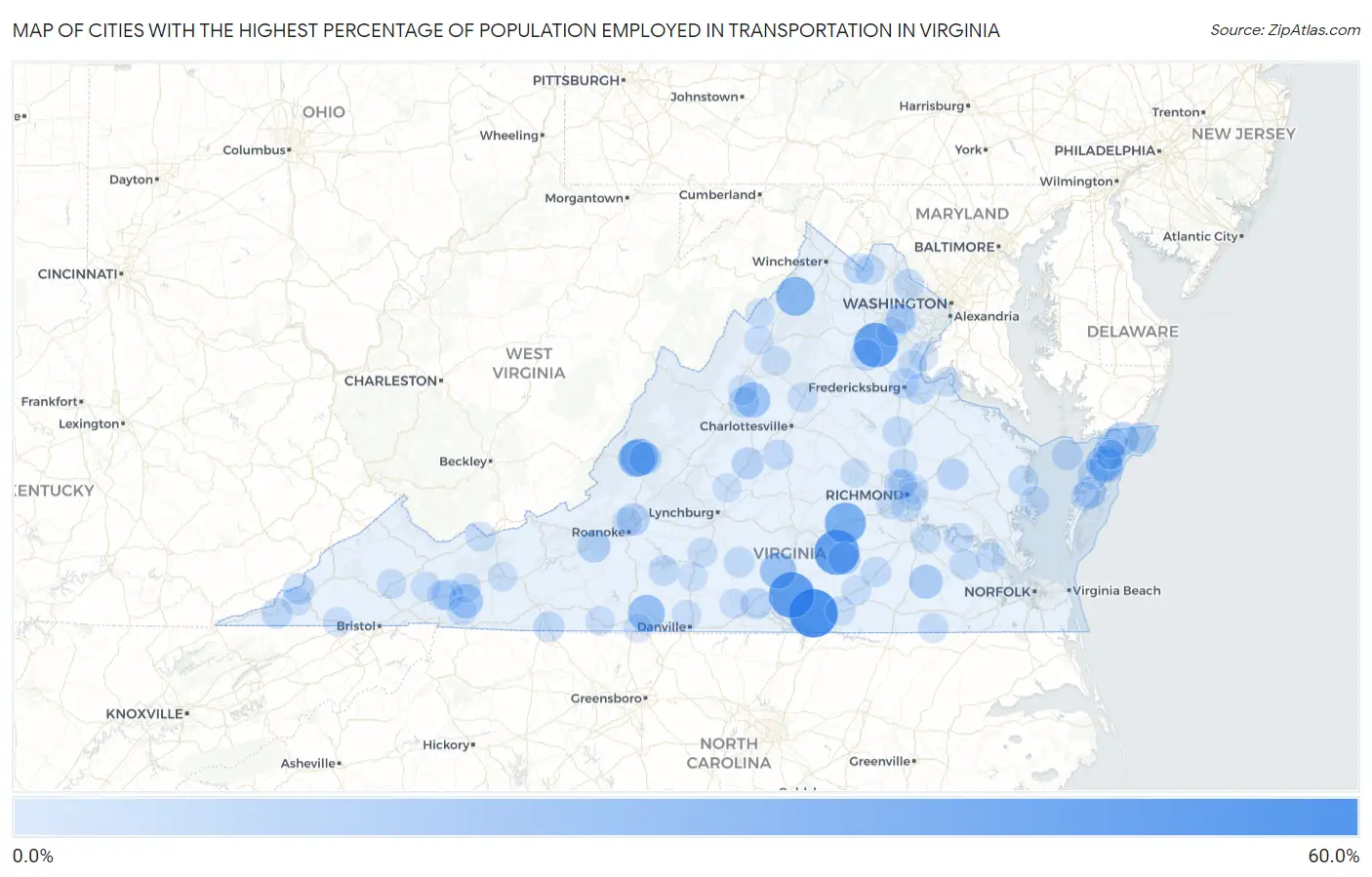 Cities with the Highest Percentage of Population Employed in Transportation in Virginia Map