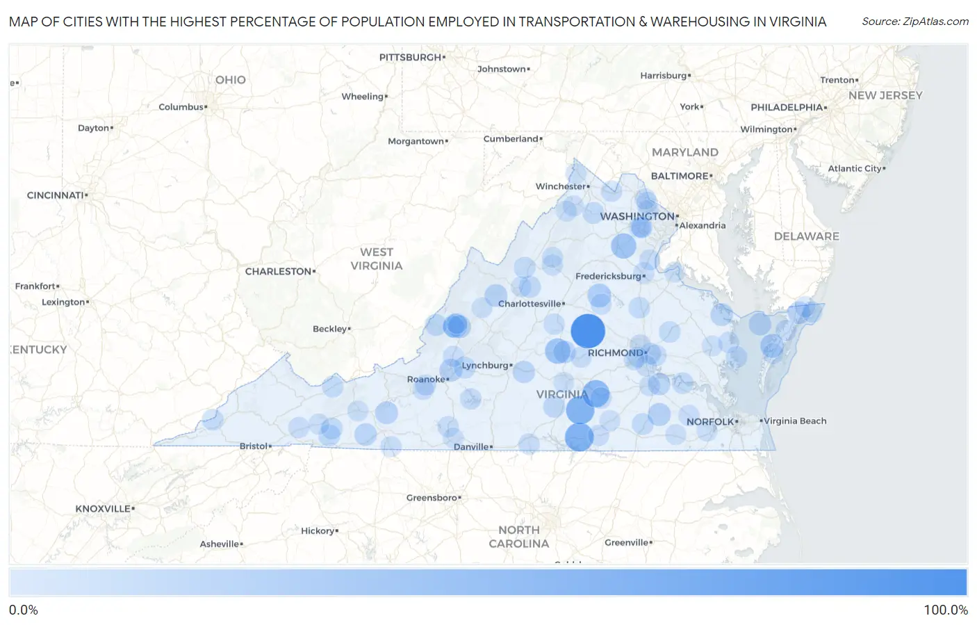 Cities with the Highest Percentage of Population Employed in Transportation & Warehousing in Virginia Map