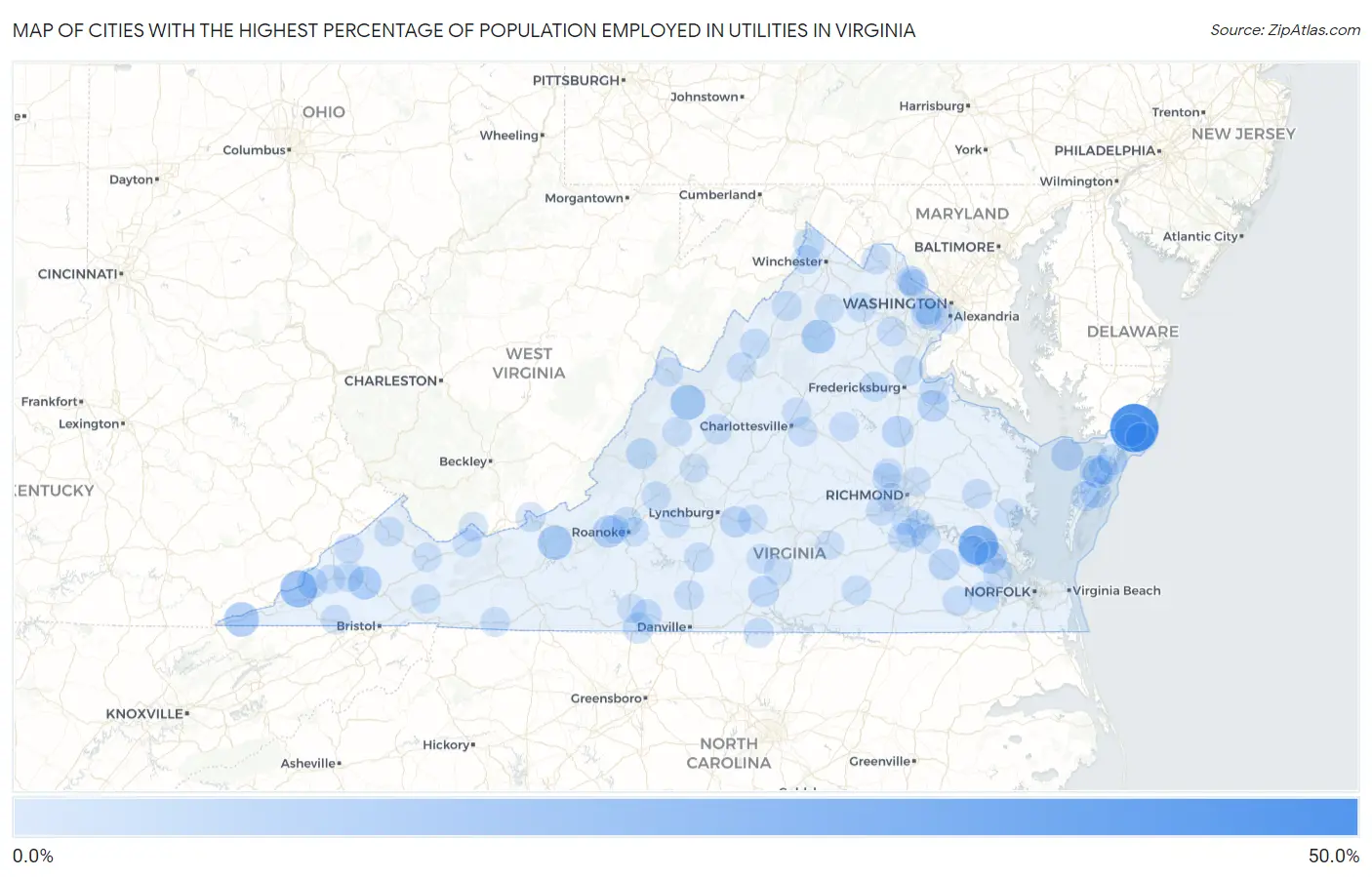 Cities with the Highest Percentage of Population Employed in Utilities in Virginia Map
