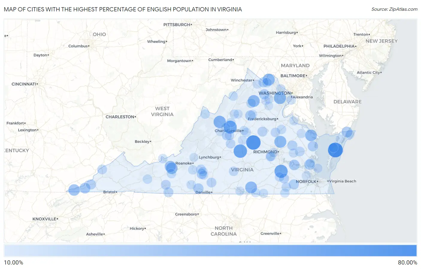 Cities with the Highest Percentage of English Population in Virginia Map